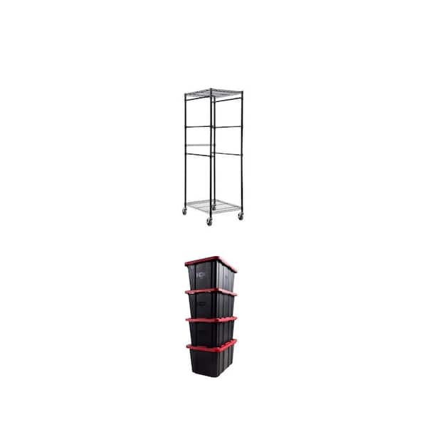 Tote Rack (22 in. W x 69 in. H x 28.5 in. D) with Steel Wire Shelf and 27 Gal. Black/Red Lid Tough Tote (4-Pack)
