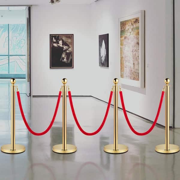 Stanchion Posts Queue 4 Pack 38 Inch Red Velvet Rope stainless steel Crowd Control Barriers with Sturdy Rubber Base,Gold