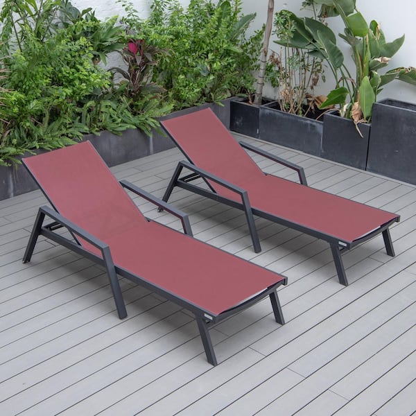 Leisuremod LeisureMod Marlin Modern Patio Chaise Lounge Arm Chair with Black Powder Coated Aluminum Frame in Burgundy Set of 2