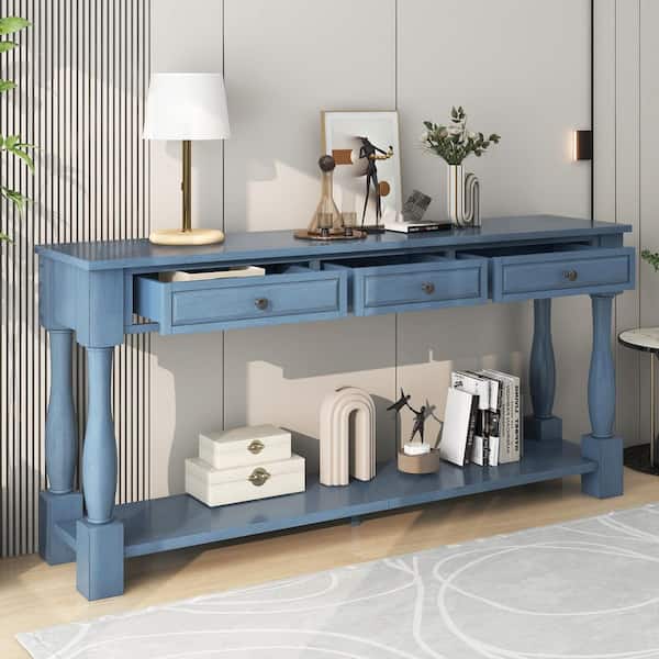 63 in. Navy Blue Rectangle Wood Top Console Table with 3-Drawers and Bottom Shelf