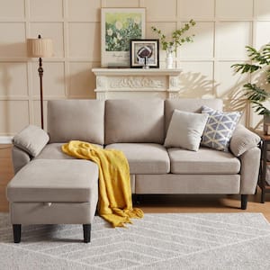 79 in. Top Pillow Arm Fabric L Shape Sectional with Reversible Ottoman Sofa in Beige