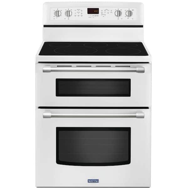 Maytag Gemini 6.7 cu. ft. Double Oven Electric Range with Self-Cleaning Convection Oven in White with Stainless Steel Handles