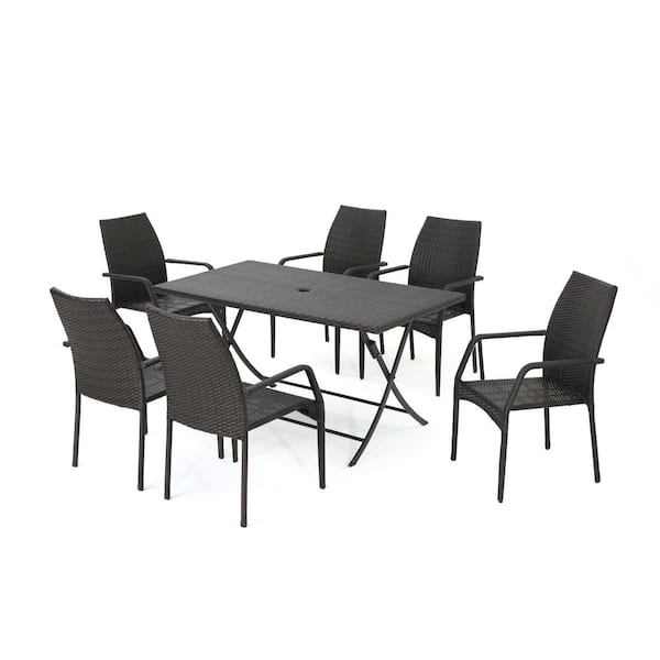 Multi-Brown 7-Piece Faux Rattan Rectangular Outdoor Patio Dining Set