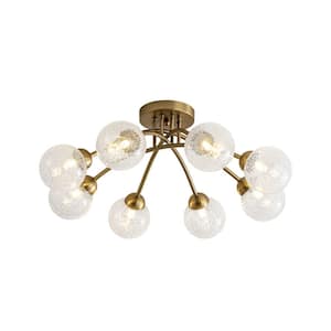 27 in. Sputnik Matte Gold Semi-flush Mount Ceiling Light Chandelier with Clear Crackle Globe Glass Shade for Living Room