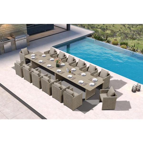15-Piece Aluminum Outdoor Dining Set All-Weather Modern Rectangular Dining Table and Chairs with Olefin Cushions, Beige