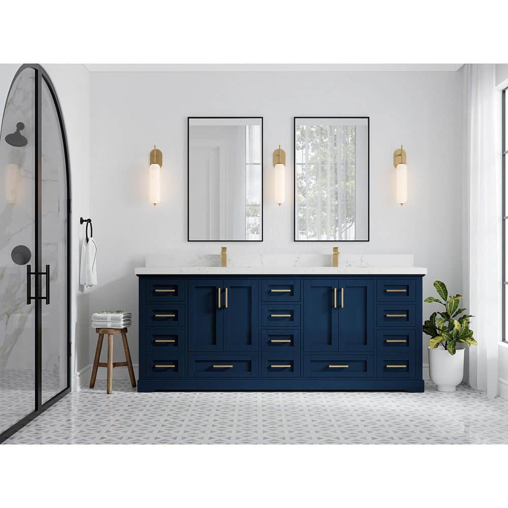 84" Navy Blue Solid Wood Double Sink Bathroom Vanity with Quartz Top