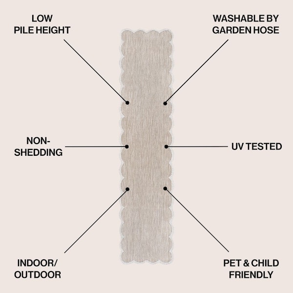 Alice Classic Cottage 2-Tone Scalloped Beige/Cream 2 ft. x 8 ft. Indoor/Outdoor Shaped Runner Rug
