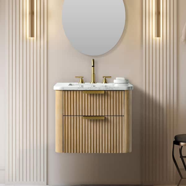 Warren 24 in. W Floating Bath Vanity in Classic Oak with Engineered Stone Top in Arabescato and White Sink