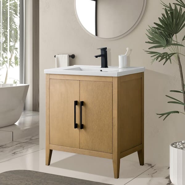 30 in. W x 18.5 in D x 34 in. H Single-Sink Bathroom Vanity Cabinet in Natural Oak with Ceramic Top in White