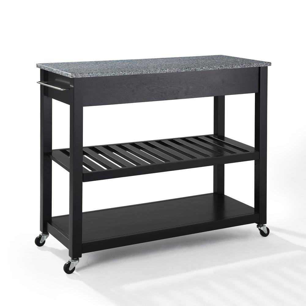 Black Granite Top Kitchen Cart with Wine Rack and Storage