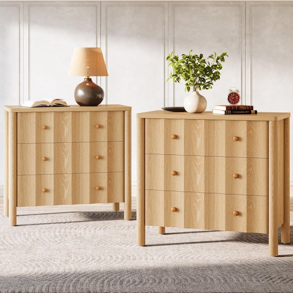 Fenley Brown 3 Drawers Oversized Nightstand 31.5 in.W Large Bedside Table Dresser, Tall Modern Nightstand for Bedroom(2)