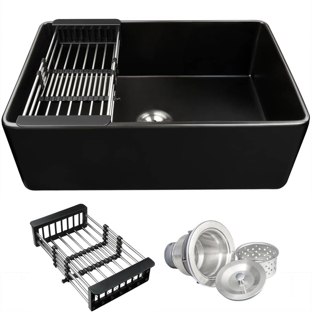 Black Fireclay 30 in. Single Bowl Apron-Front Kitchen Sink with Basket Strainer price history on PriceWatchPro