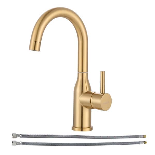 Deck Mount Single Handle Single Hole Bar Faucet with 360° Swivel Spout and Supply Lines in Brushed Gold