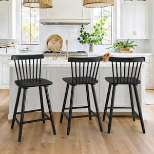 24 in. Black Wood Counter Stools Bar Stools with Slat Back (Set of 3)