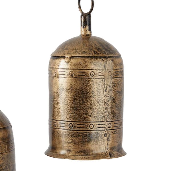 Litton Lane Gold Metal Tibetan Inspired Cylindrical Decorative Cow Bell with Jute Hanging Rope (3- Pack), Antique Gold