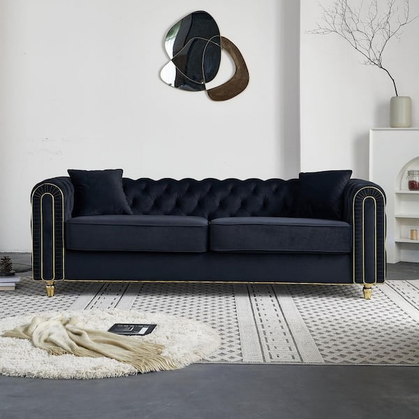 Annette Modern 86.2 in. Round Arm Velvet Upholstery Rectangle Sofa in Black with Tufted Back, 2 Pillows, Gold Embroidery