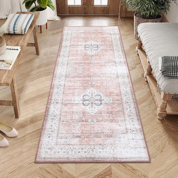 Machine Washable Carpet Retro Print Rug Anti-fouling and Anti-slip for Bedroom Living Room Office Light Orange，2*6ft