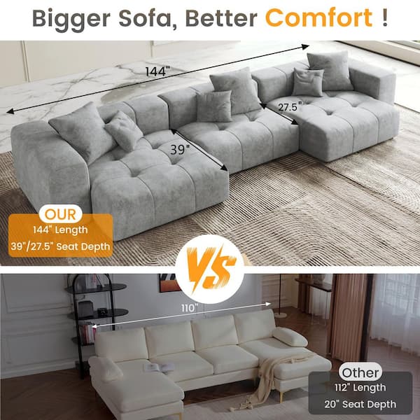 105 in. Oversized Square Arm Linen Rectangle Modular Sectional Sofa 2-Seater with Ottoman in. Gray
