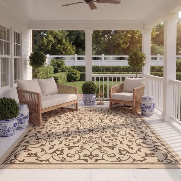 Courtyard Natural/Brown 8 ft. x 11 ft. Border Indoor/Outdoor Patio Area Rug