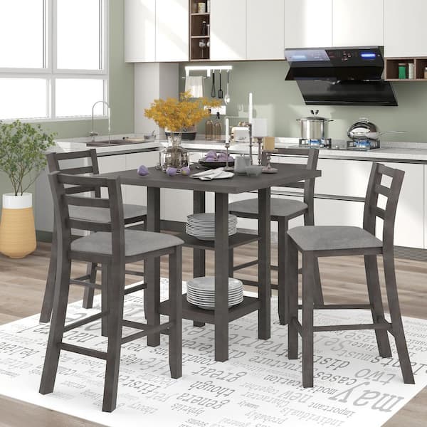 ANBAZAR 5-Piece Gray Wooden Counter Height Dining Table Set Seats 4, Square Table Set with 4 Padded Chairs and 2-Tier Shelves