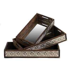 Brown Wooden Nesting Tray with Mirror Surface and Metal Sides (Set of 3)