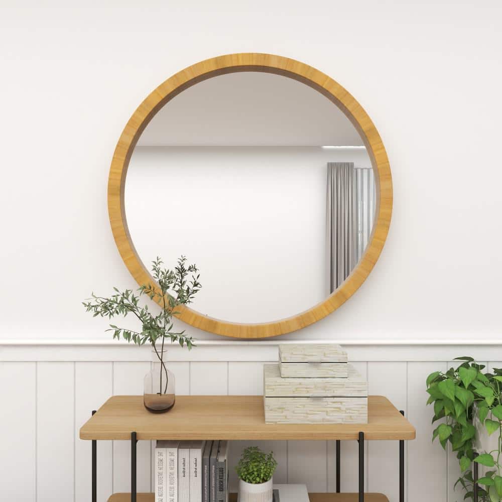 DecMode Contemporary Round Decorative Wall Mirror with Natural Brown Finish  40 D