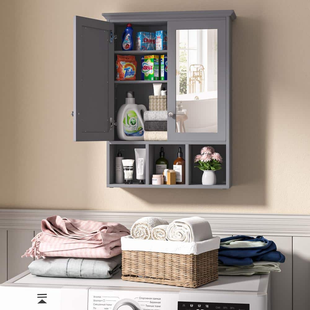 Gray MDF Oversized Bathroom Medicine Cabinet with Mirrors and Adjustable Shelves