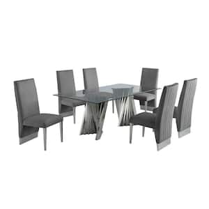 Becky 7-Piece Rectangular Glass Top With Stainless Steel Base Table Set With 6 Dark Gray Velvet Chairs Seating