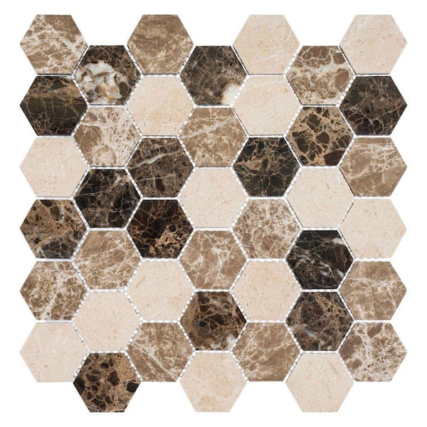 Channing Montage Brown 2 in.x 2 in. Hexagon Honeycomb Glossy Natural Stone Wall and Floor Mosaic Tile (4.85 sq.ft./Case)