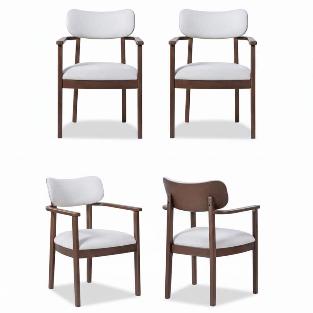 Xavell Country Rustic Walnut Finish Solid Wood and Beige Fabric Upholstered Dining Arm Chairs, Set of 4