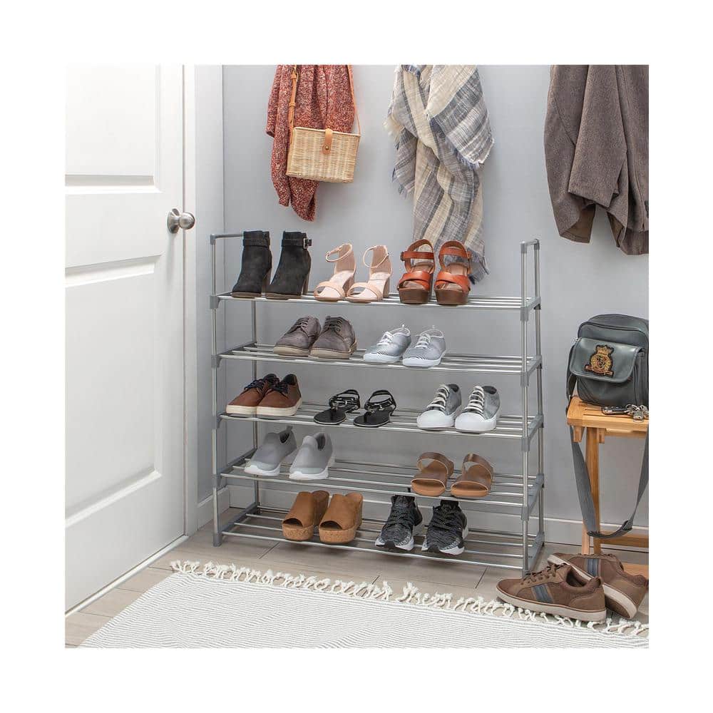 Gray 5-Tier Stackable Metal Shoe Rack for Closets