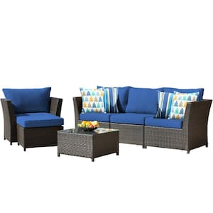 Rimaru 6-Piece Wicker Outdoor Patio Conversation Seating Set with Navy Blue Cushions