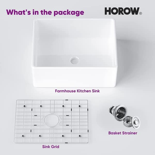 White Fireclay 24 in. L x 18 in. W Single Bowl Farmhouse Apron Kitchen Sink with Grid and Strainer