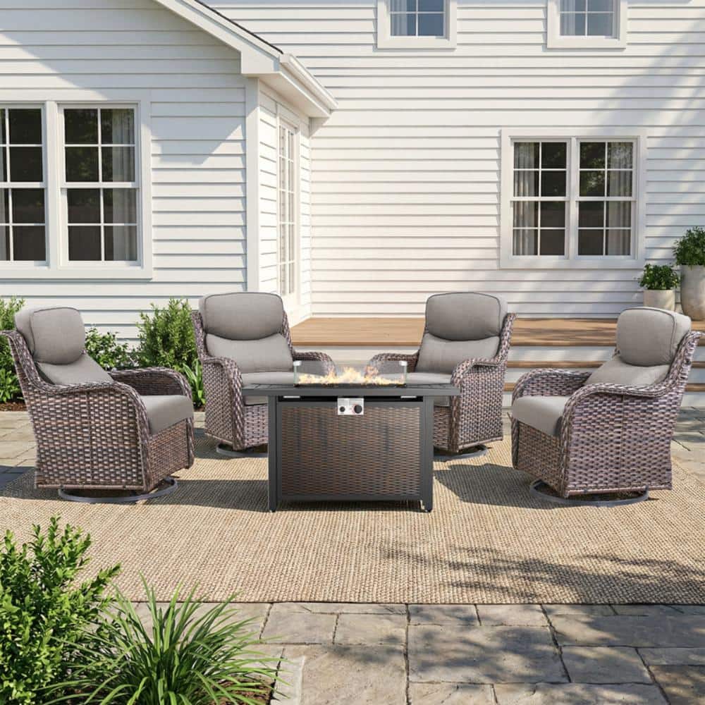 Smiley Brown Wicker 5-Piece Outdoor Fire Pit Table Patio Conversatoin Set with Swivel Glider and 5inch Gray Cushions price history on PriceWatchPro