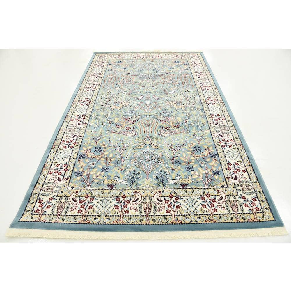 Elegant Blue Floral Rectangular Indoor Rug 5' x 8'