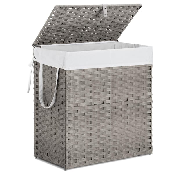 Unbranded Gray 13 in. x 24 in. Rattan Decorative Basket Laundry Hamper with Lid Removable Liner Bag Foldable, Bathroom Storage
