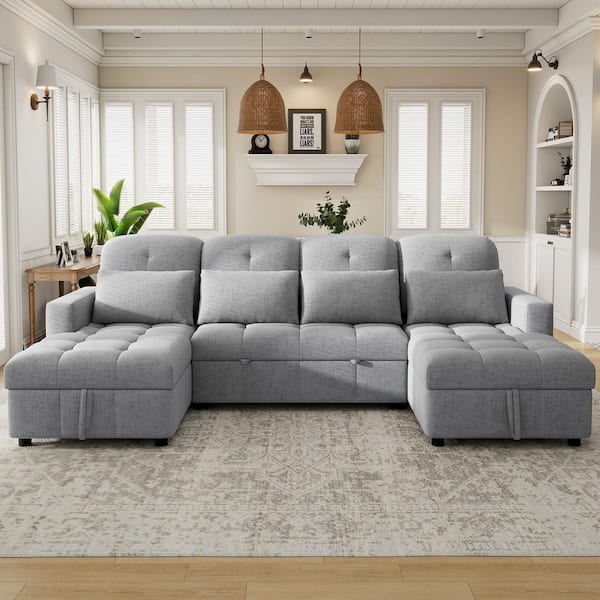 Gray 110.2 in. Oversized U-Shaped Queen Size Pull-out Sofa Bed with 2 Storage Chaise Lounges and 2 USB Ports