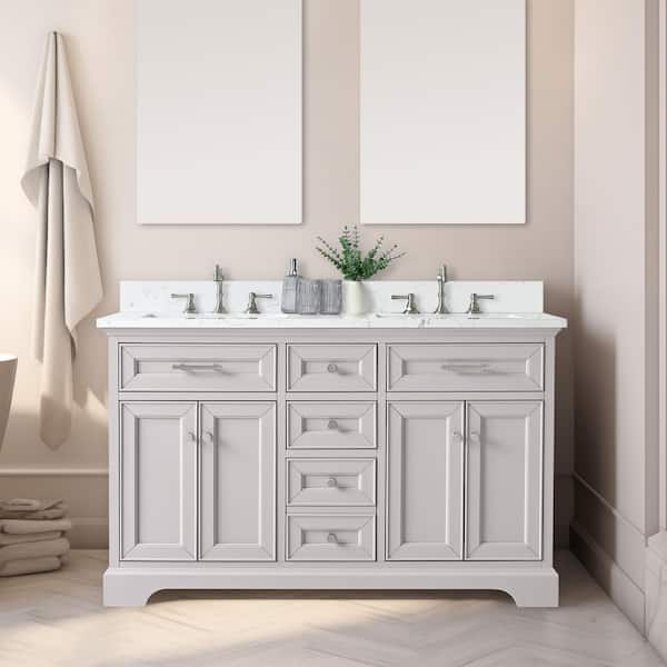 Thompson 54 in. Double Sink Freestanding Bathroom Vanity in Taupe with Carrara White Engineered Stone Top