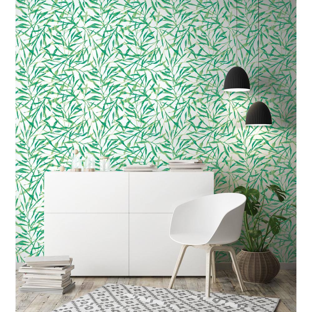 Jade Green Watercolor Leaves Peel and Stick Wallpaper Roll