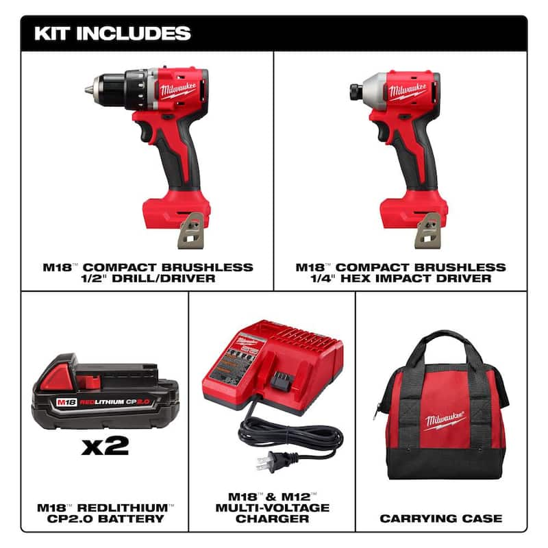 M18 18-Volt Lithium-Ion Brushless Cordless Compact Drill/Impact Combo Kit w/(2) Batteries, Charger, Bag & M18 2 Gal Vac