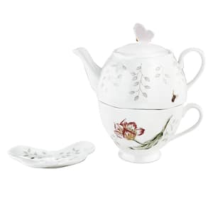 Butterfly Meadow 2-Cup White Porcelain Tea Pot Set with Tea Cup and Bag Holder