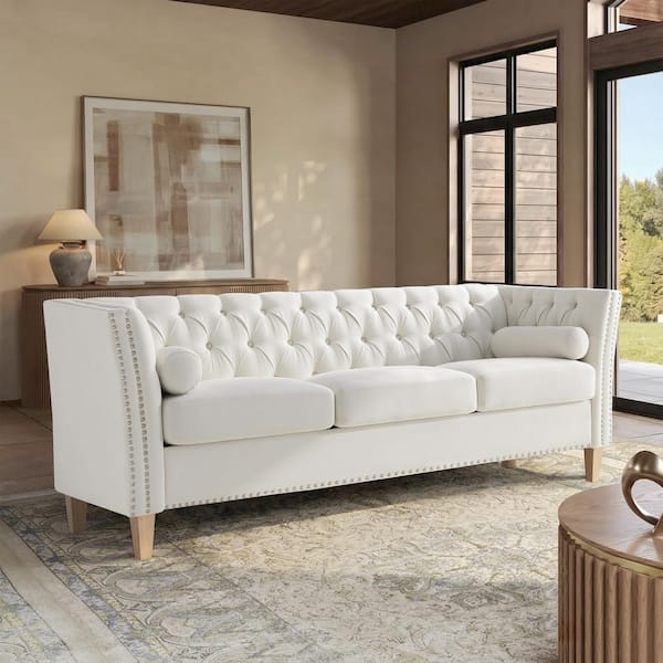 Hamish 79.5 in. W Flared Arm Polyester Elegant Transitional 3-Seat Sofa in Beige