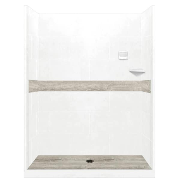 American Bath Factory Sterling Oak Pan and Walls 30 in. x 60 in. x 80 in. Center Drain Alcove Shower Kit in Natural Buff, Old Bronze Finish