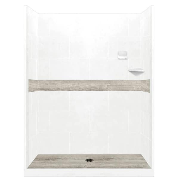 American Bath Factory Sterling Oak Pan and Walls 32 in. x 60 in. x 80 in. Center Drain Alcove Shower Kit in Natural Buff, Old Bronze Finish