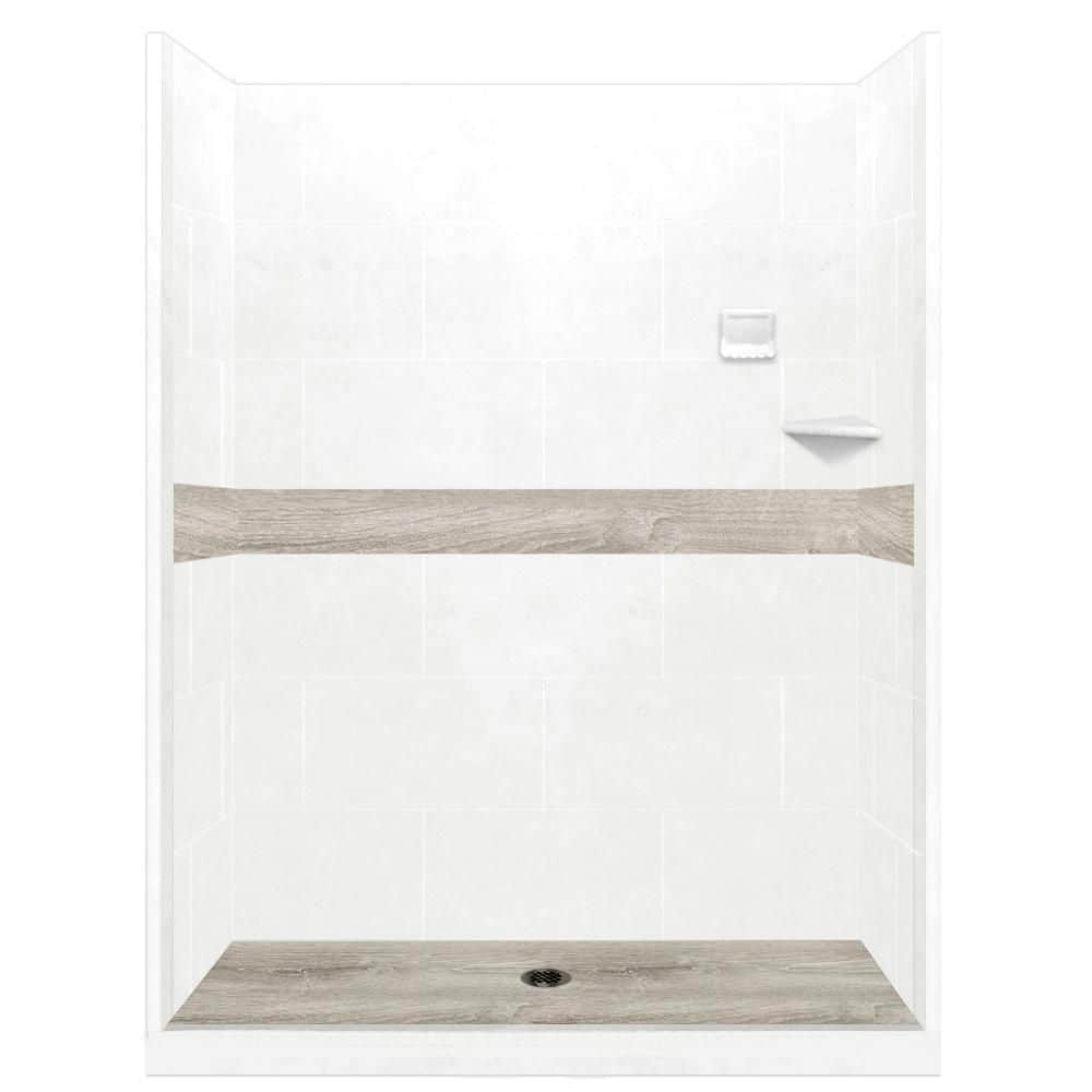 Lavish 33-1/2 in. L x 59 in. W x 87 in. H Center Drain Alcove Shower Stall  Kit in White and Chrome with Easy Fit Drain