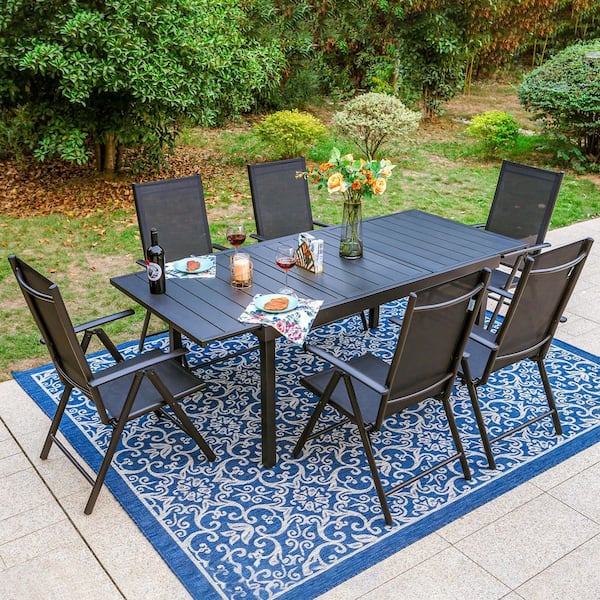 PHI VILLA 7-Piece Black Metal Patio Outdoor Dining Set with Extendable Table  and Black Folding Reclining Sling Chairs THD7-305-723BK - The Home Depot