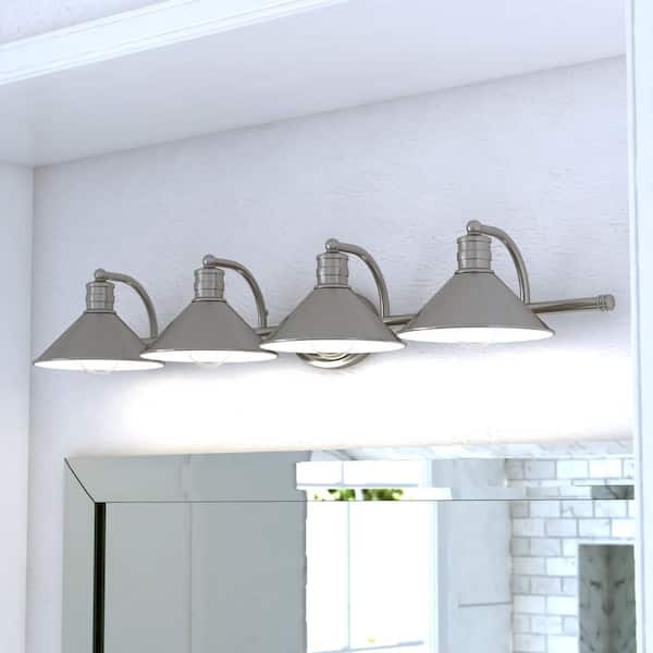 VAXCEL Akron 38 in. W 4-Light Satin Nickel and Matte White Bathroom Vanity Light Fixture, Metal Shade