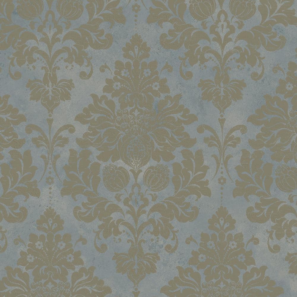 Norwall Damask Wallpaper in Blue, Beige and Gold CI38220 - The Home Depot
