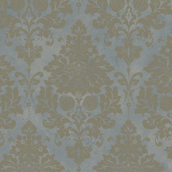 Damask Wallpaper in Blue, Beige and Gold