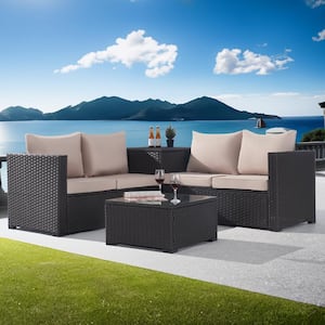 4-Piece Patio Wicker Sectional Sofa Set with Storage Box and Glass Coffee Table